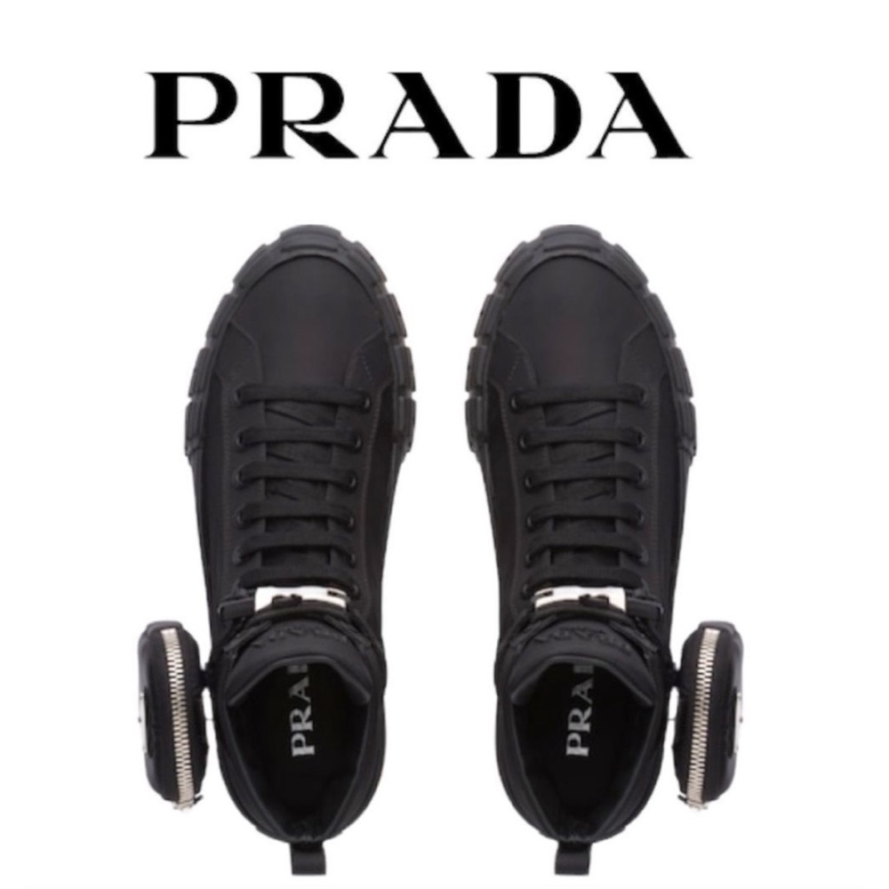PRADA Wheel Re-Nylon Zip Pouch Black High-Top Sneakers with Mini Side Pouch - Picture 6 of 9